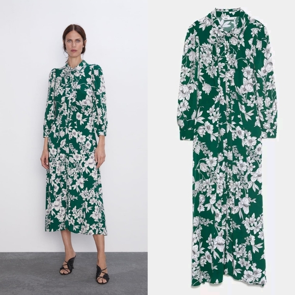 Zara Dresses & Skirts - Zara Green Floral Ruched Midi Dress